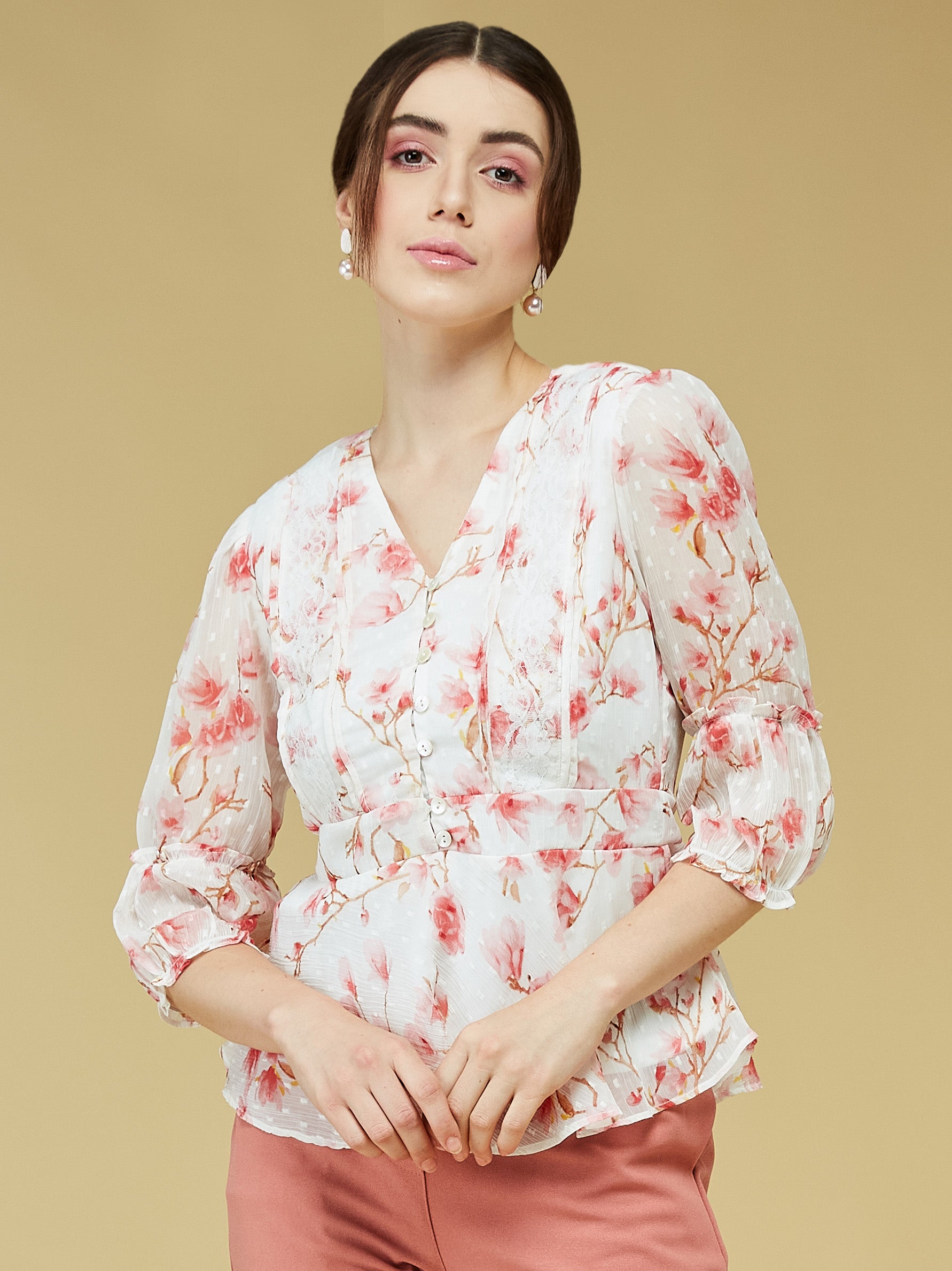 Pink 3/4 Sleeve Printed Blouse