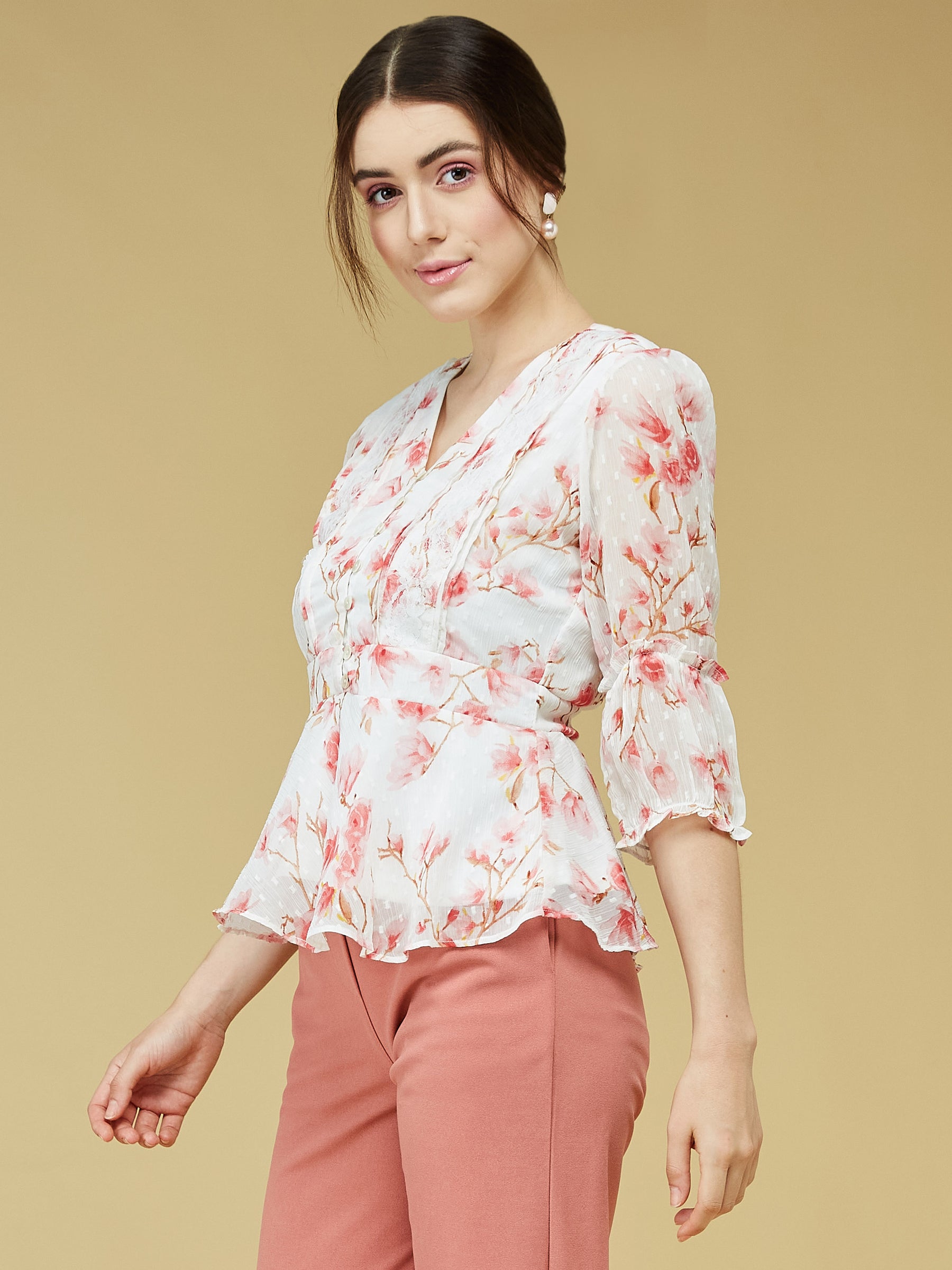 Pink 3/4 Sleeve Printed Blouse