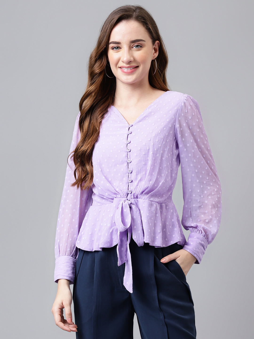 Lavender Full Sleeve Solid Normal Blouse Top
