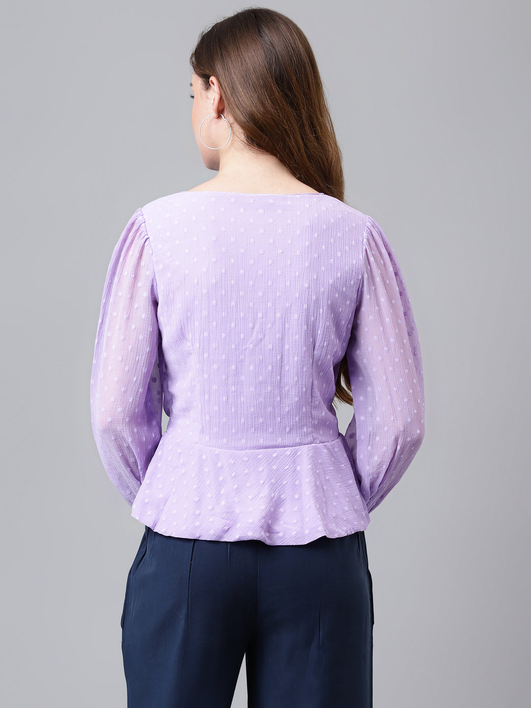 Lavender Full Sleeve Solid Normal Blouse Top