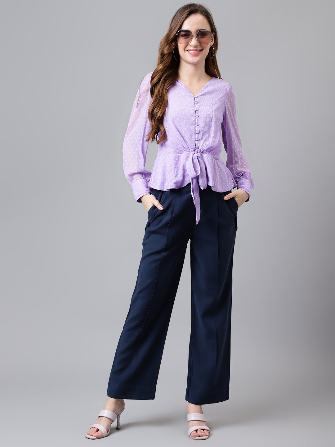 Lavender Full Sleeve Solid Normal Blouse Top