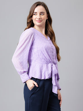 Lavender Full Sleeve Solid Normal Blouse Top