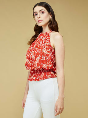 Red Sleeveless Printed Blouse