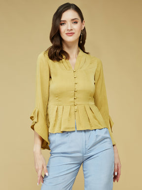 Mustard 3/4 Sleeve Solid Pleated Blouse Top