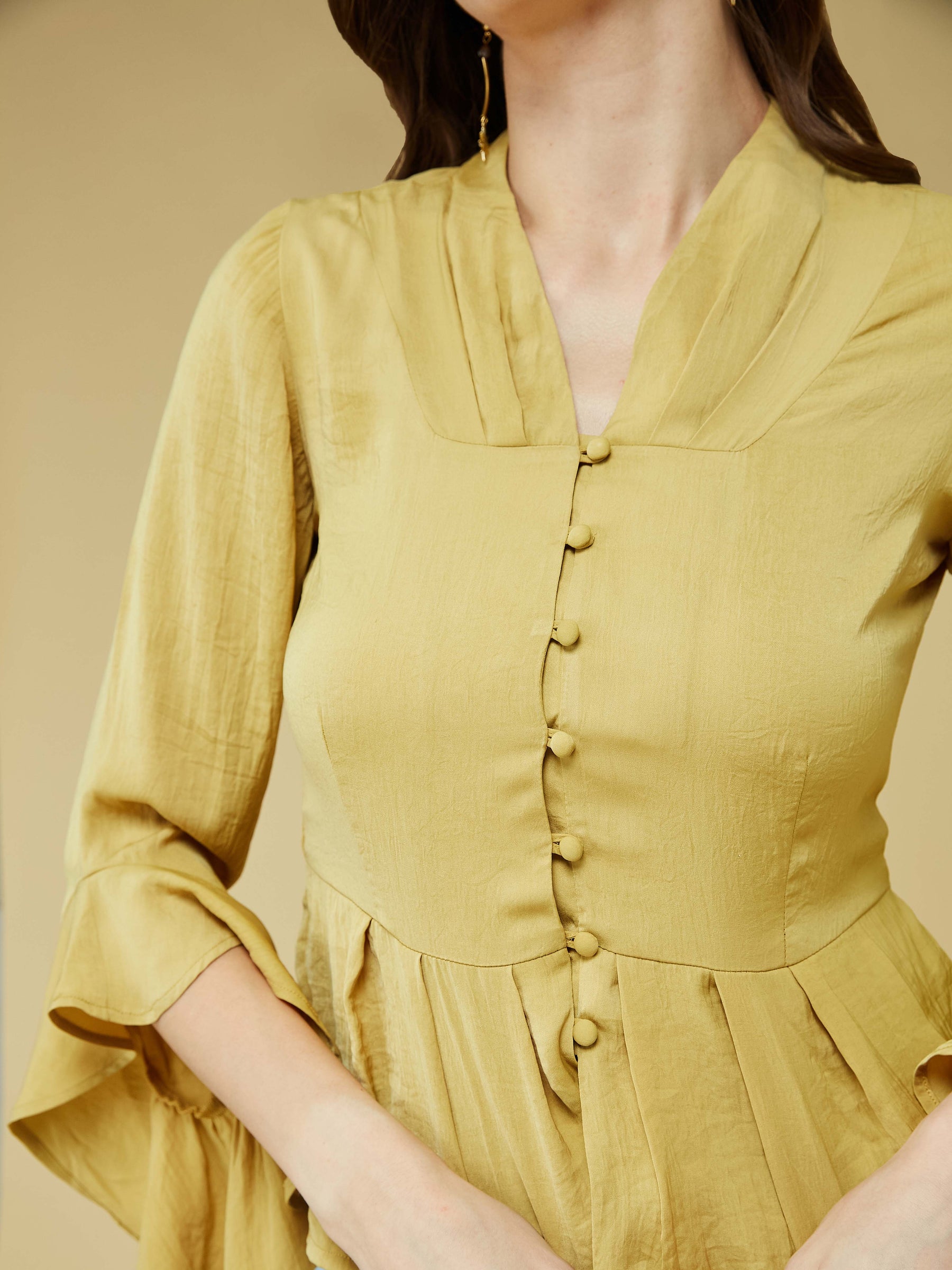 Mustard 3/4 Sleeve Solid Pleated Blouse Top