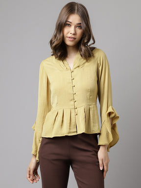 Latin Quarters Women Yellow Solid V-Neck Long Bell Sleeve Casual Top