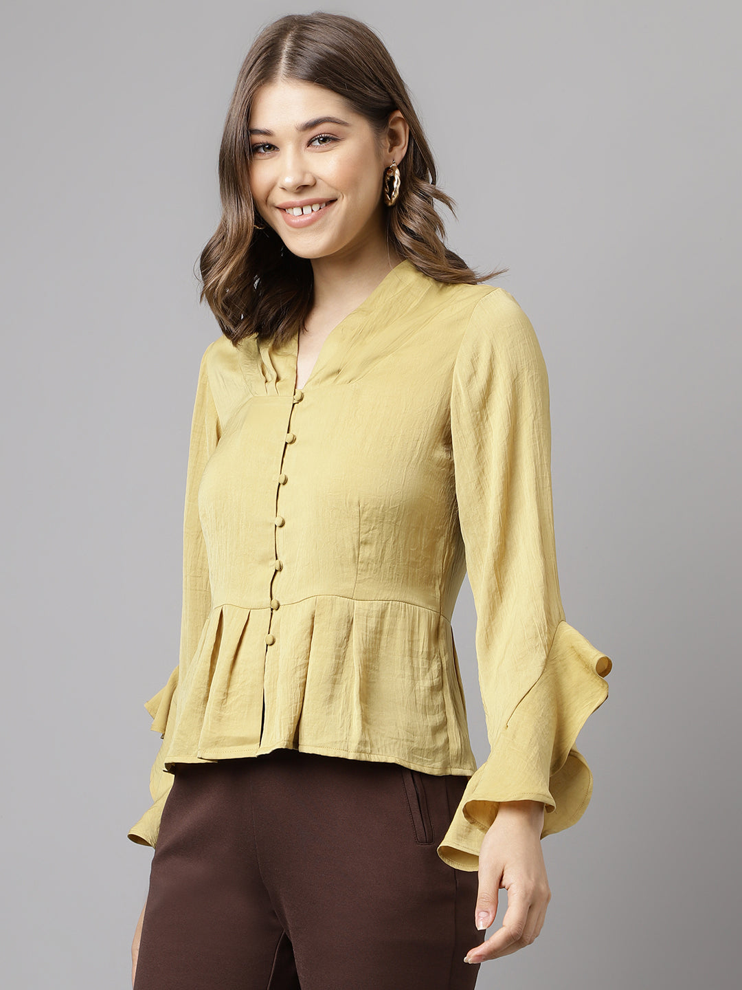 Latin Quarters Women Yellow Solid V-Neck Long Bell Sleeve Casual Top