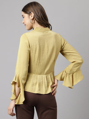 Latin Quarters Women Yellow Solid V-Neck Long Bell Sleeve Casual Top