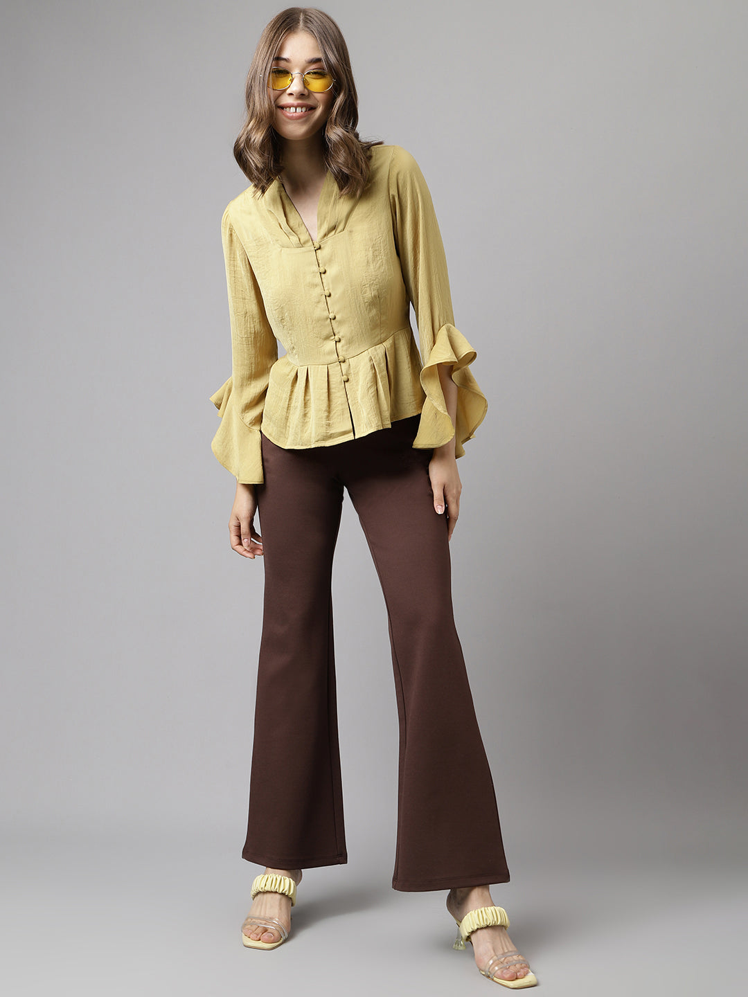 Latin Quarters Women Yellow Solid V-Neck Long Bell Sleeve Casual Top