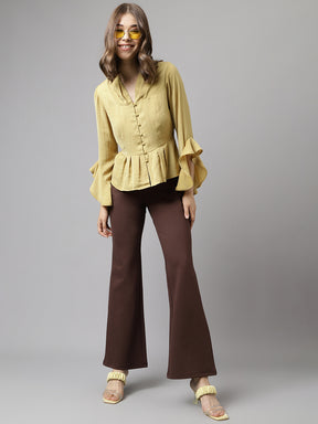 Latin Quarters Women Yellow Solid V-Neck Long Bell Sleeve Casual Top
