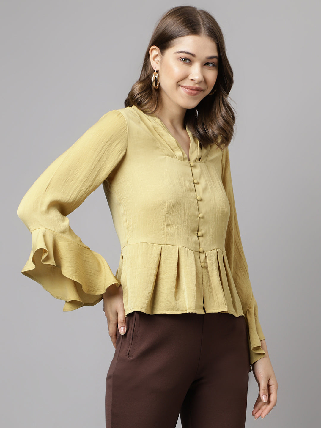 Latin Quarters Women Yellow Solid V-Neck Long Bell Sleeve Casual Top
