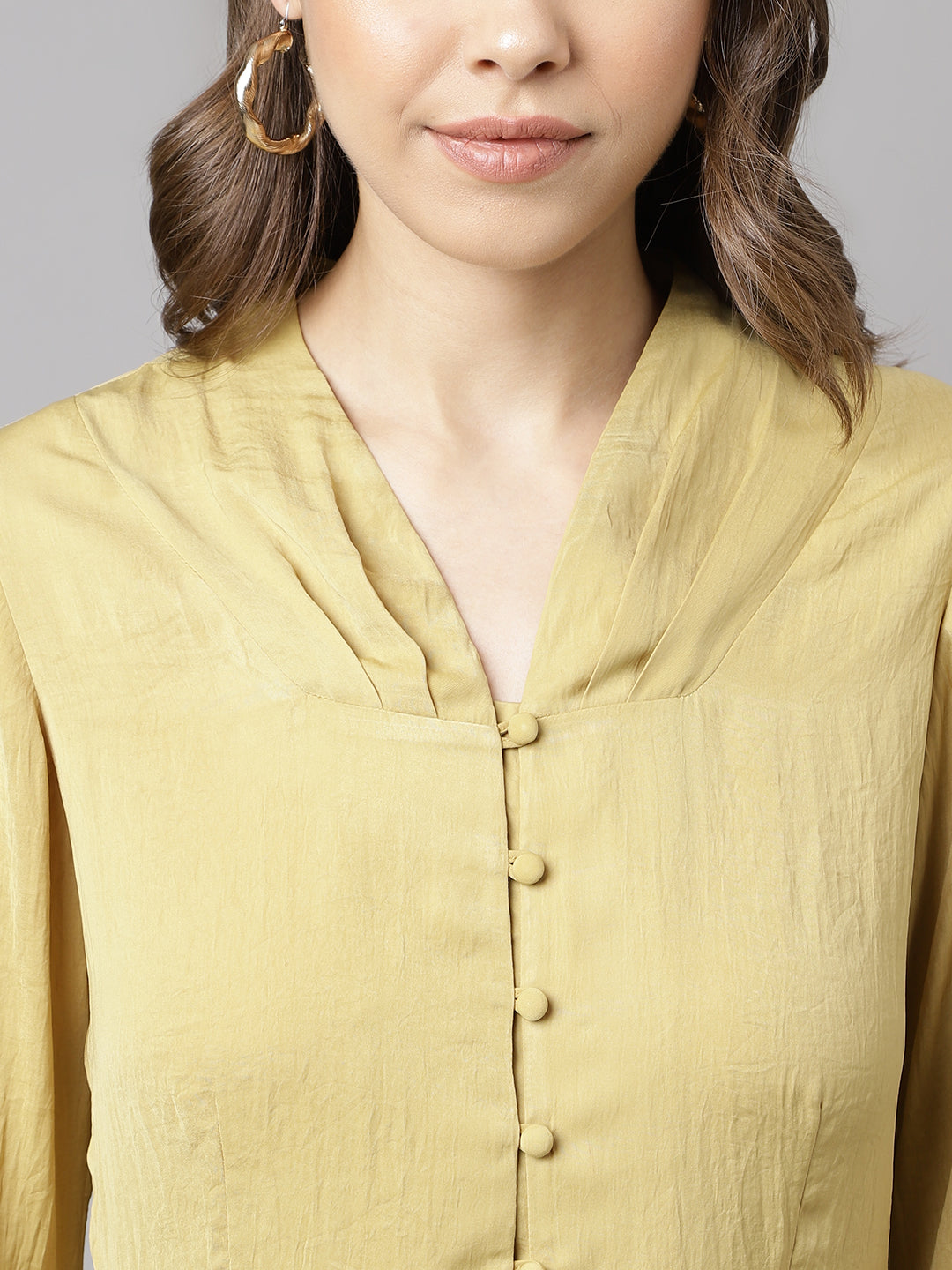Latin Quarters Women Yellow Solid V-Neck Long Bell Sleeve Casual Top
