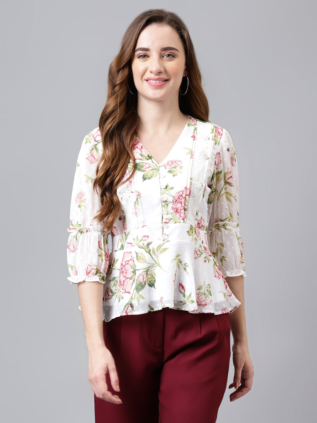 Ivory 3/4 Sleeve Printed Normal Blouse
