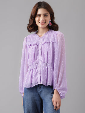 Latin Quarters Women'S Lavender Self Design Round Neck Full Sleeve Casual Top