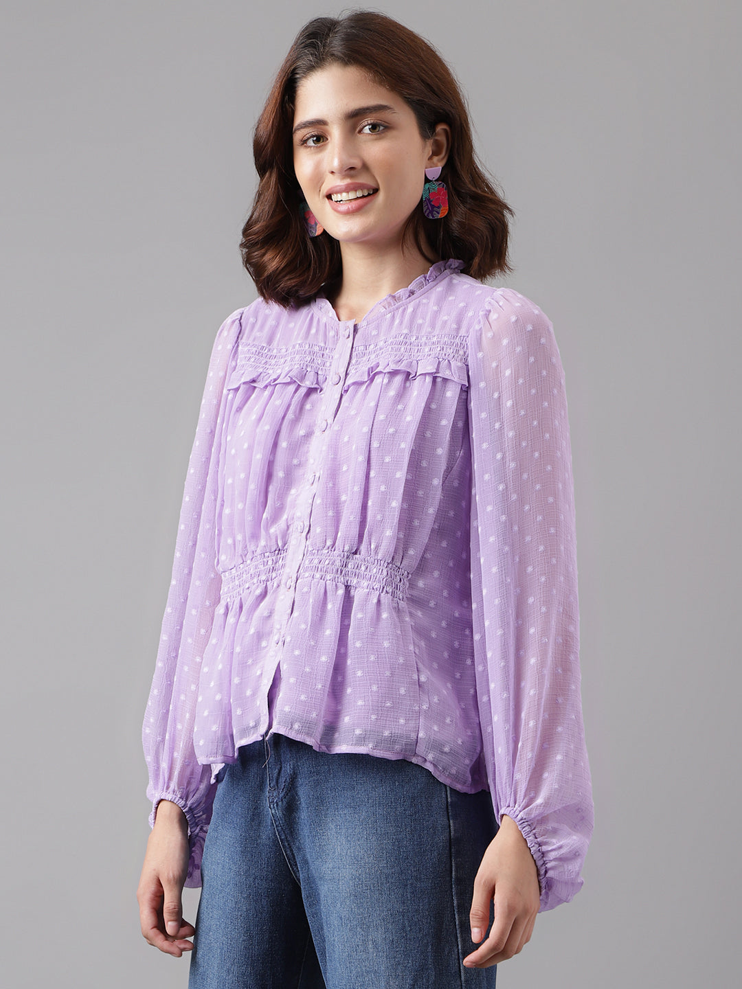 Latin Quarters Women'S Lavender Self Design Round Neck Full Sleeve Casual Top
