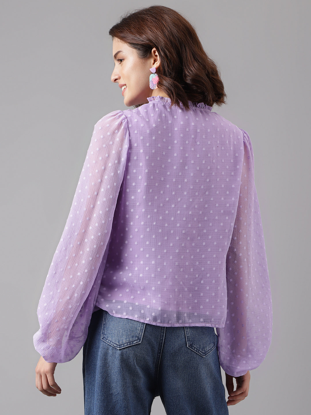 Latin Quarters Women'S Lavender Self Design Round Neck Full Sleeve Casual Top