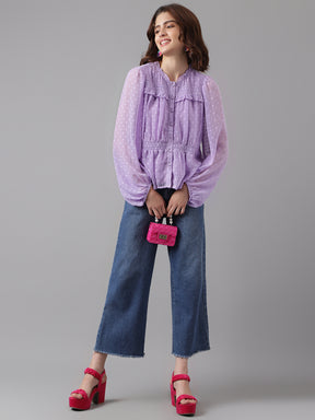 Latin Quarters Women'S Lavender Self Design Round Neck Full Sleeve Casual Top