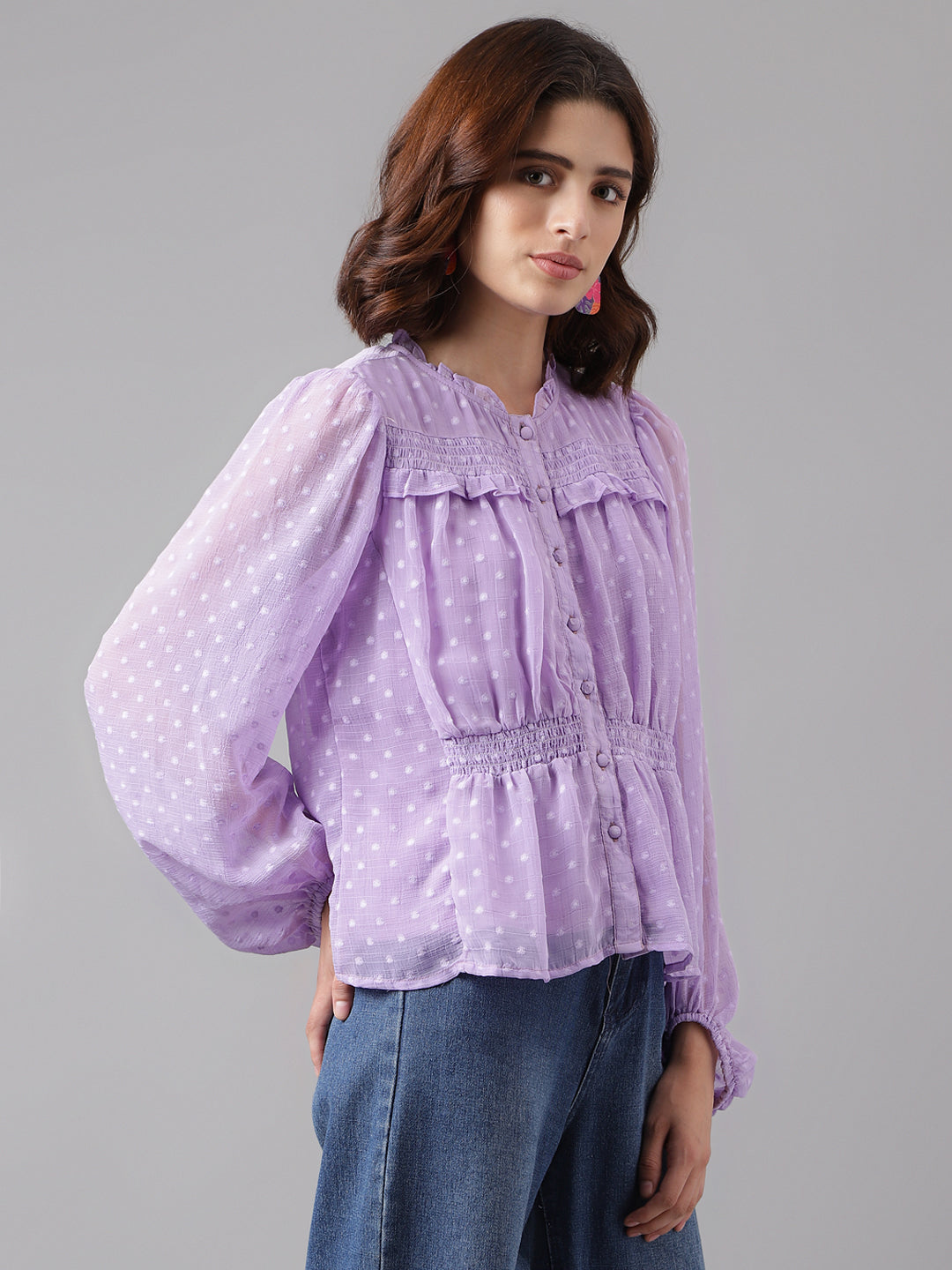 Latin Quarters Women'S Lavender Self Design Round Neck Full Sleeve Casual Top