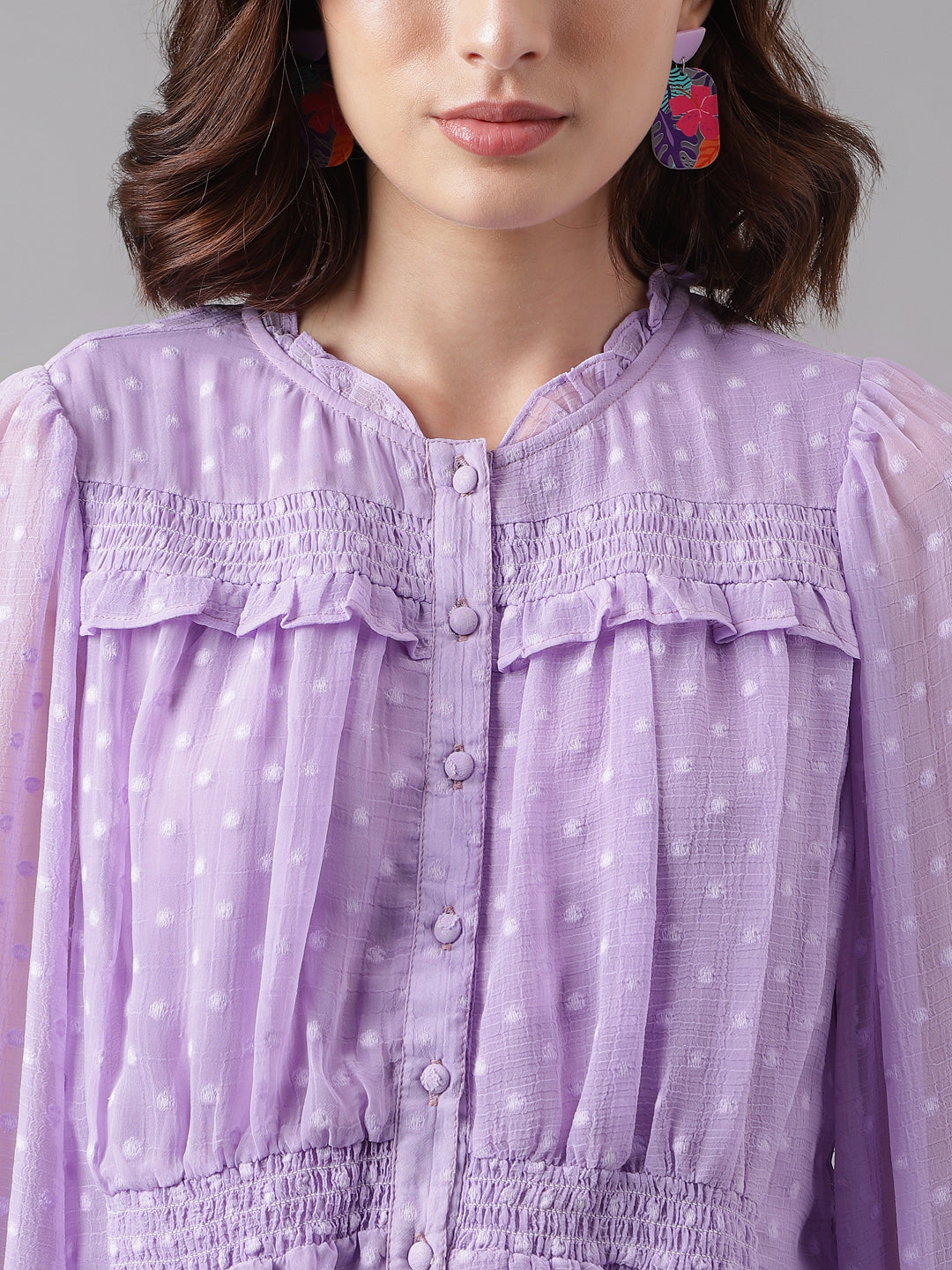 Latin Quarters Women'S Lavender Self Design Round Neck Full Sleeve Casual Top
