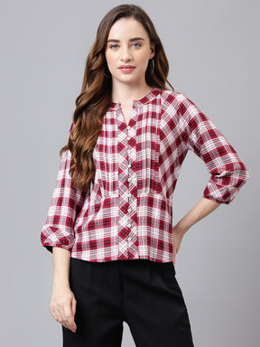 Red 3/4 Sleeve Yarn Dyed Normal Shirt Blouse Top