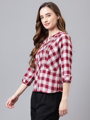 Red 3/4 Sleeve Yarn Dyed Normal Shirt Blouse Top
