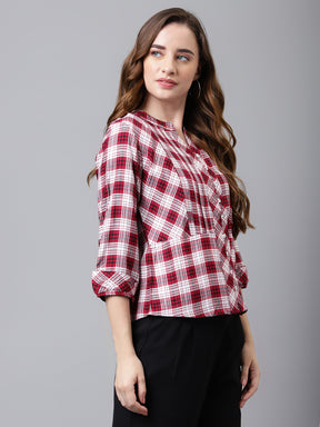 Red 3/4 Sleeve Yarn Dyed Normal Shirt Blouse Top