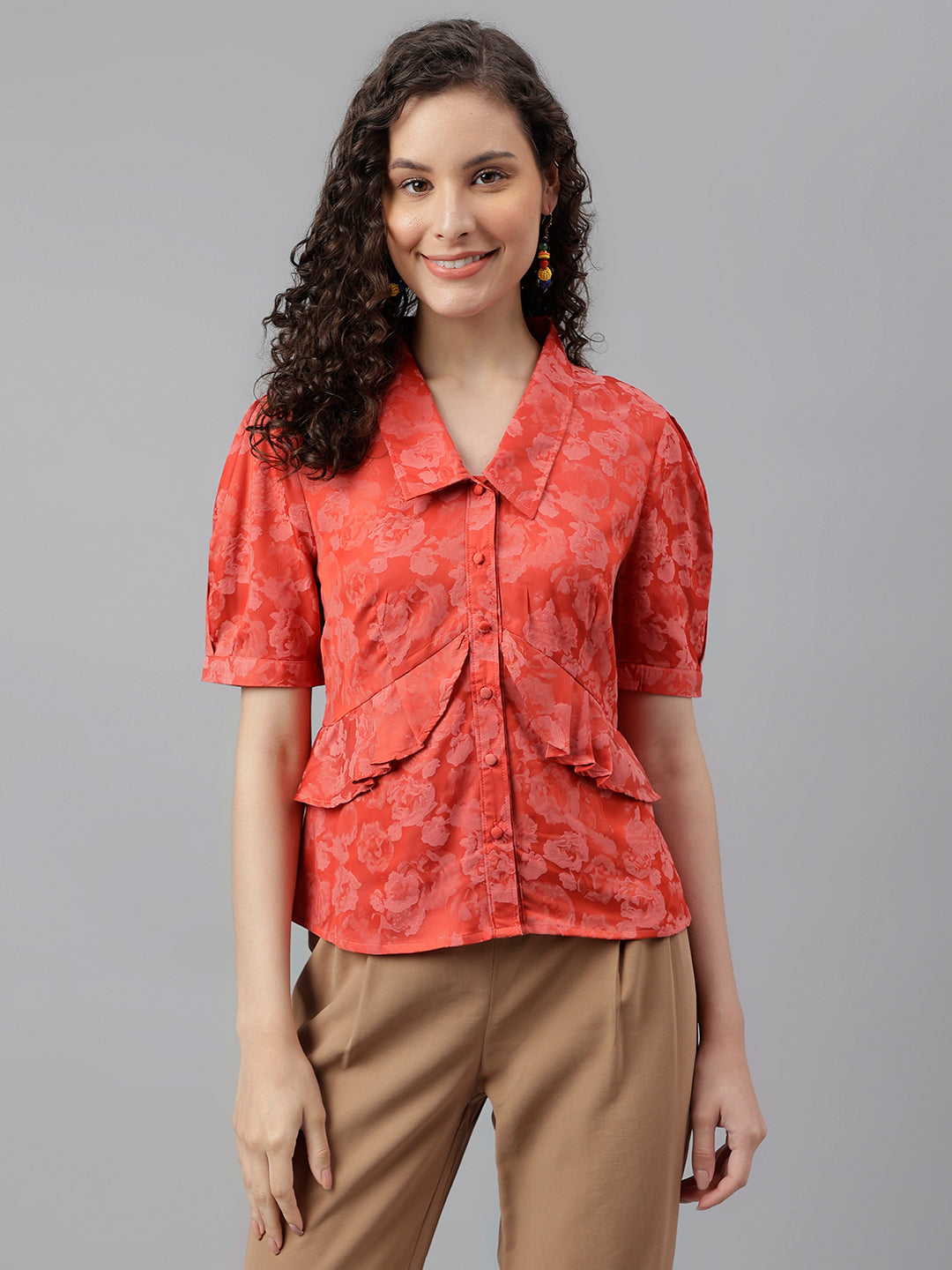 Red Half Sleeve Solid Blouse Top