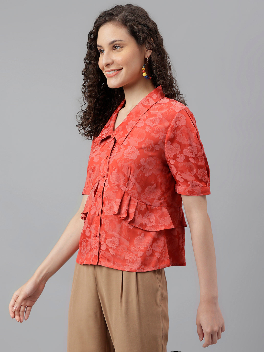 Red Half Sleeve Solid Blouse Top