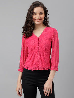 Pink Hot 3/4 Sleeve Solid Knit Top