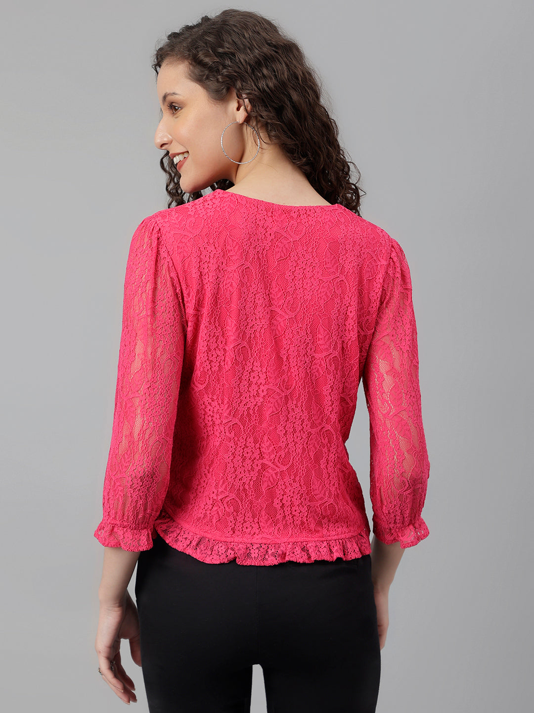 Pink Hot 3/4 Sleeve Solid Knit Top