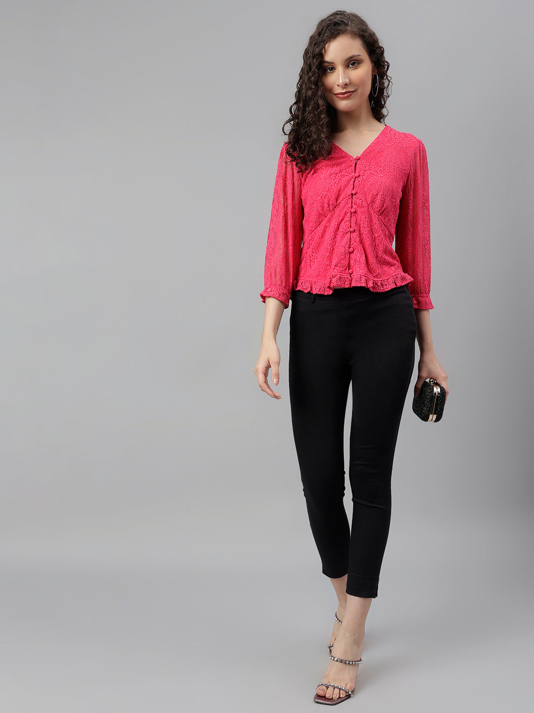 Pink Hot 3/4 Sleeve Solid Knit Top