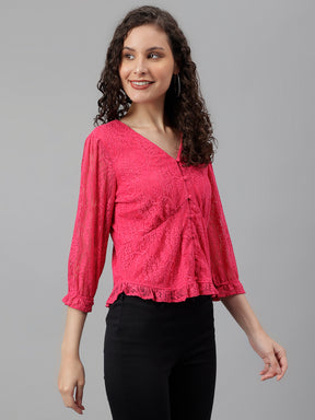 Pink Hot 3/4 Sleeve Solid Knit Top