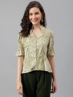 Green Half Sleeve Floral Printed Blouse Top