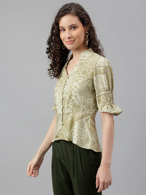 Green Half Sleeve Floral Printed Blouse Top