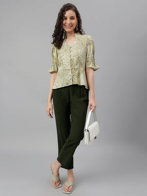 Green Half Sleeve Floral Printed Blouse Top