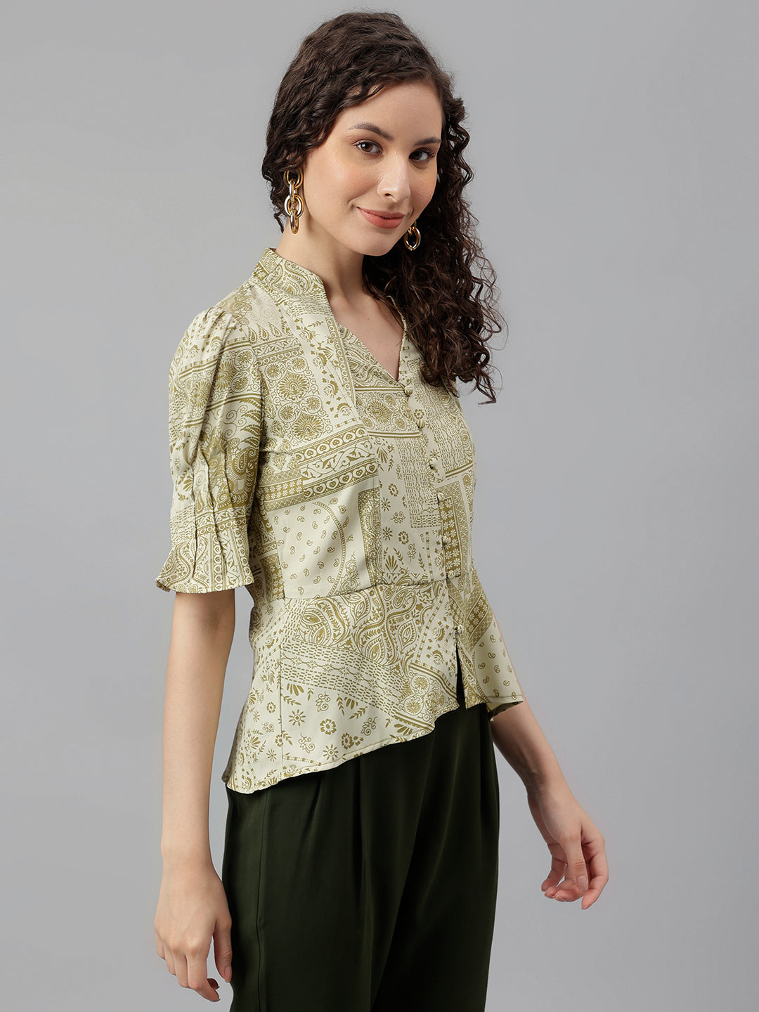 Green Half Sleeve Floral Printed Blouse Top