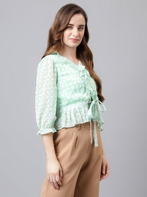 Green 3/4 Sleeve Printed Short Blouse Top