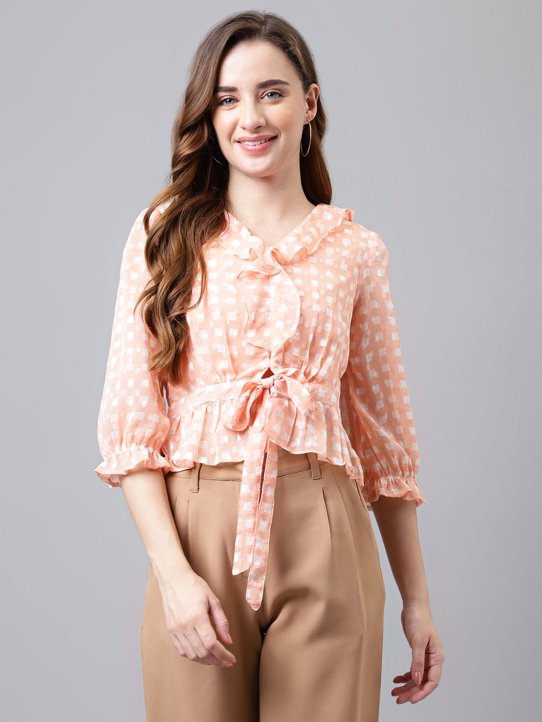 Orange 3/4 Sleeve Ruffle Neck Printed Women Short Blouse Top