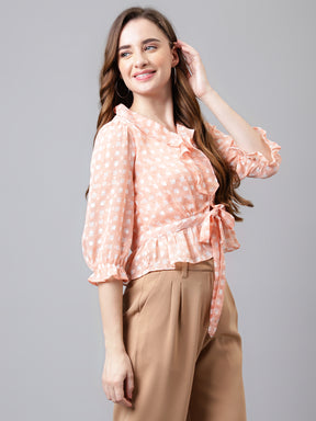 Orange 3/4 Sleeve Ruffle Neck Printed Women Short Blouse Top