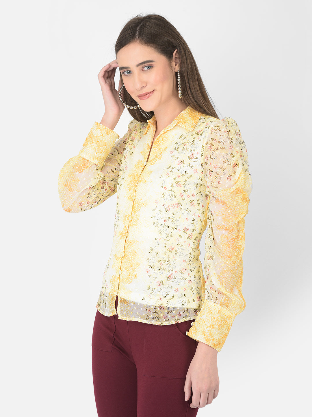 Yellow Shirt Collar Long Sleeves Printed Top For Casual Wear