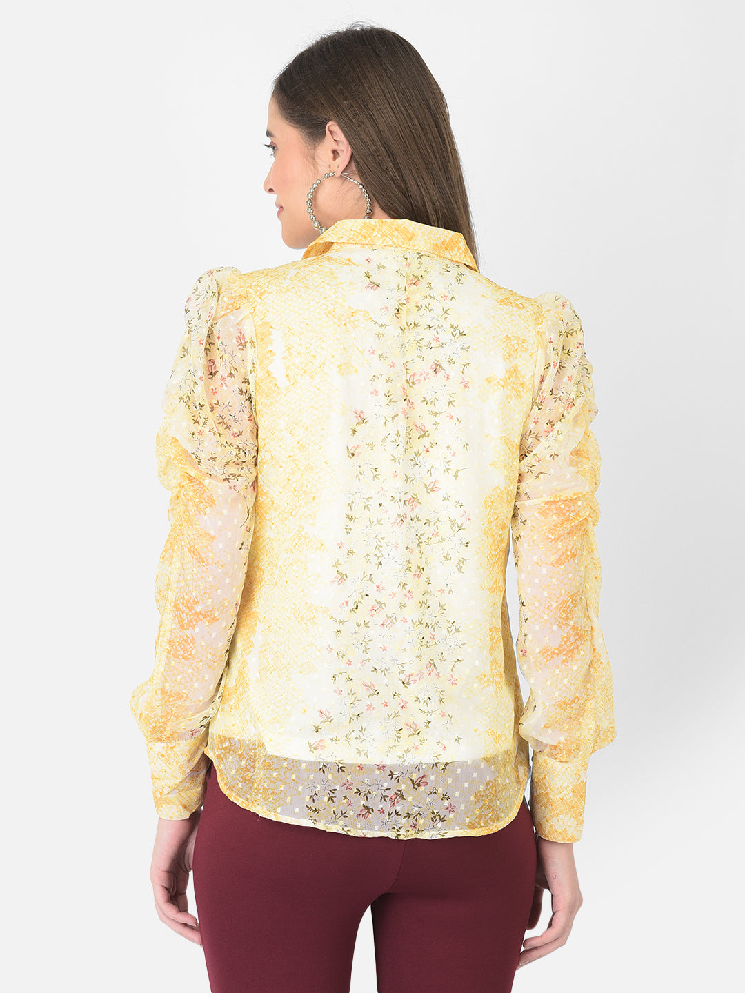 Yellow Shirt Collar Long Sleeves Printed Top For Casual Wear