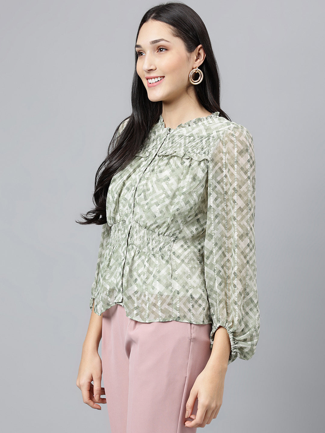 Green Round Neck Long Sleeves Printed Top For Casual Wear