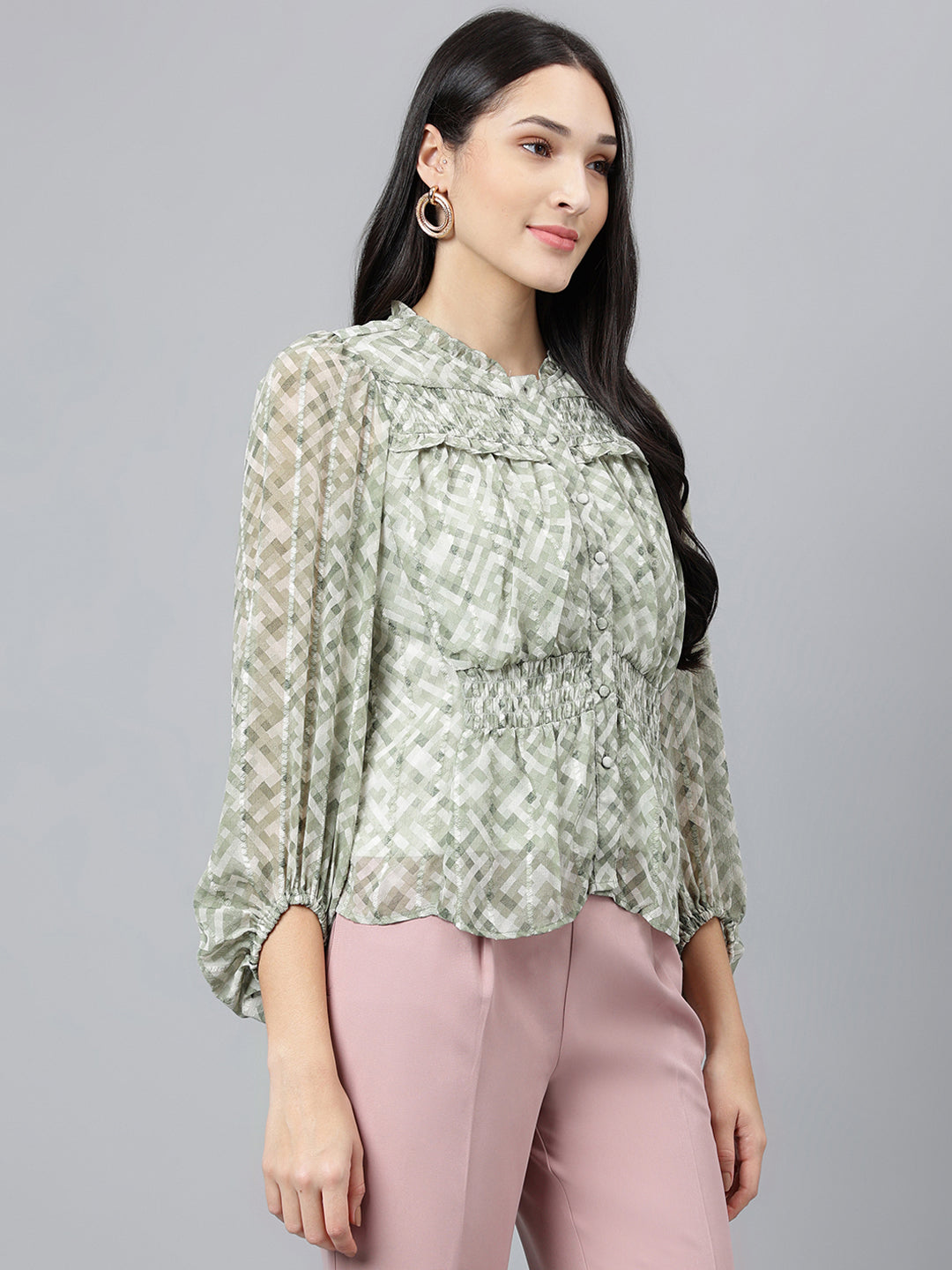 Green Round Neck Long Sleeves Printed Top For Casual Wear