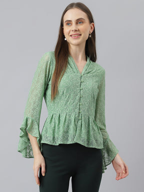 Green 3/4 Sleeve V-Neck Solid Women Blouse Top for Casual