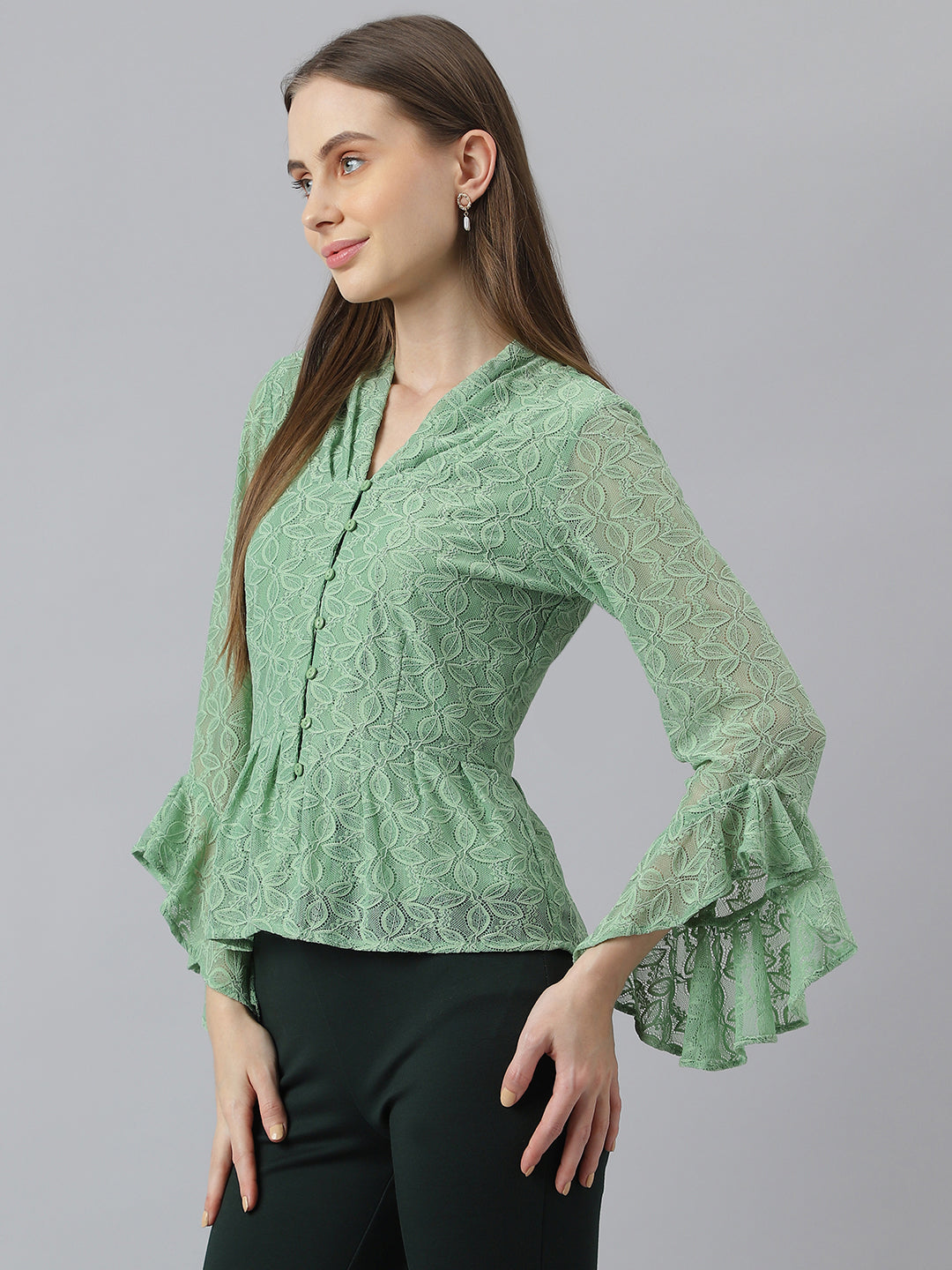 Green 3/4 Sleeve V-Neck Solid Women Blouse Top for Casual