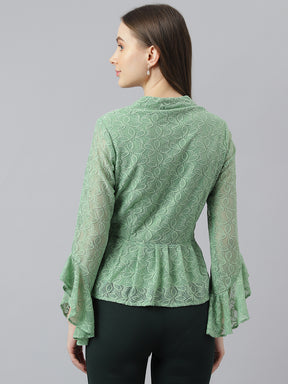 Green 3/4 Sleeve V-Neck Solid Women Blouse Top for Casual