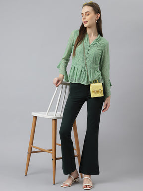 Green 3/4 Sleeve V-Neck Solid Women Blouse Top for Casual