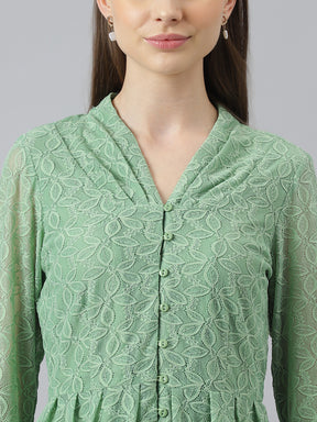 Green 3/4 Sleeve V-Neck Solid Women Blouse Top for Casual