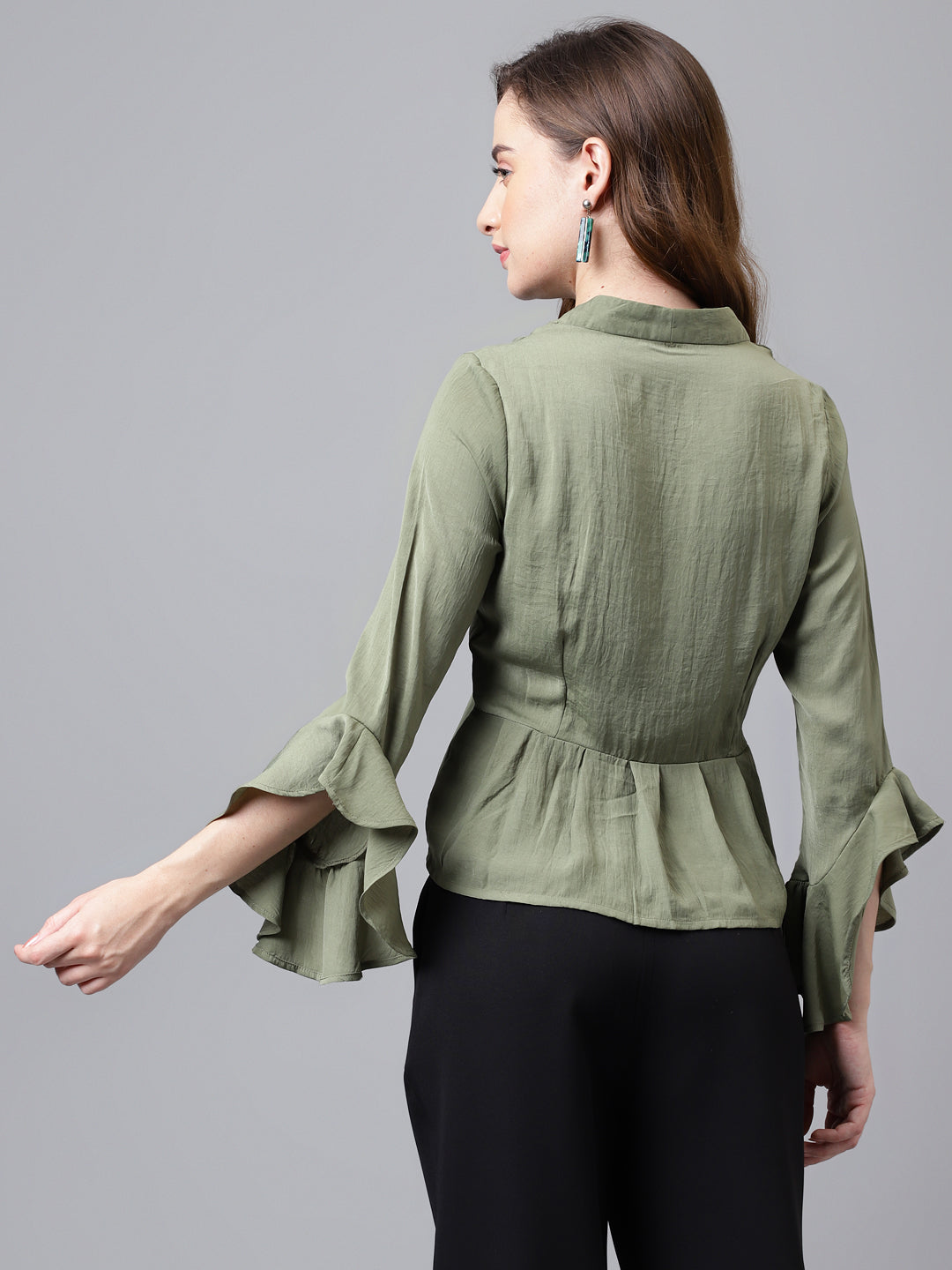 Green 3/4 Sleeve Solid Normal Blouse Top
