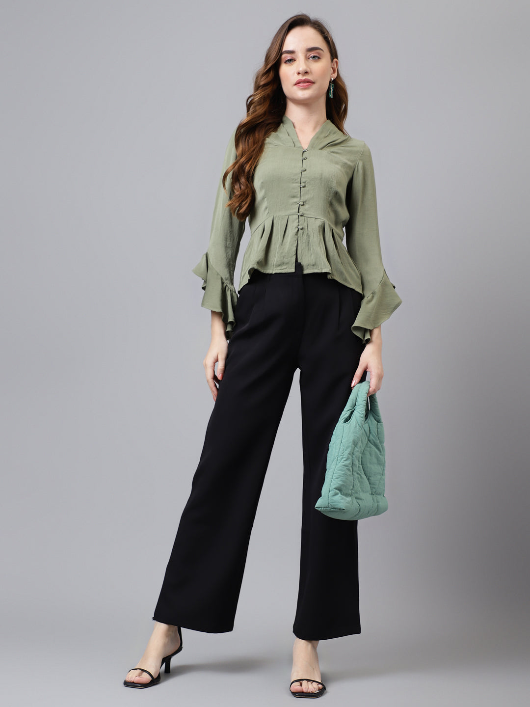 Green 3/4 Sleeve Solid Normal Blouse Top